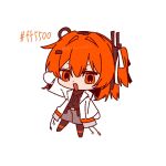  1girl a.i._voice adachi_rei black_shirt cable chibi chibi_only commentary full_body gloves grey_shorts hand_up hex_code jacket kurusuke_(kurumi) long_sleeves looking_at_viewer one_side_up open_clothes open_jacket open_mouth orange_eyes orange_hair shirt shorts simple_background solo utau white_background white_gloves white_jacket 