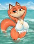 2021 anthro arctic_dogs bottomless canid canine clothed clothing diacordst digital_media_(artwork) eyebrows female fox genitals green_eyes hands_behind_head hi_res jade_(arctic_dogs) looking_at_viewer mammal outside partially_submerged pussy solo water wet wet_body 