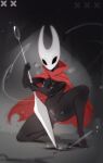 absurd_res anthro areola arthropod biped bodily_fluids breasts clothed clothing crouching female fingers front_view genitals hi_res hollow_knight_(franchise) hornet_(hollow_knight) hueasya69 looking_at_viewer simple_background solo sweat team_cherry thick_thighs vulva