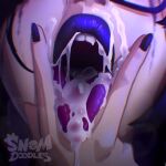  1girl artist_name black_nails blue_lips check_copyright copyright_request cum cum_in_mouth cum_on_body cum_on_tongue facial facing_viewer highres nail_polish snomdoodles solo the_addams_family tongue tongue_out v v_over_mouth wednesday_(netflix) wednesday_addams 