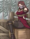  1girl absurdres bdsm bondage bound breasts brown_hair cleavage crate dorothea_arnault dress earrings fire_emblem fire_emblem:_three_houses gagged green_eyes highres jewelry large_breasts long_hair looking_at_viewer pine_tree red_dress rope ryner-e shibari tagme tree 