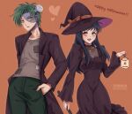  1boy 1girl :d astrid_(fire_emblem) black_dress black_hair blue_skin breasts brown_eyes colored_skin commission commissioner_upload cosplay covered_navel dress fire_emblem fire_emblem:_radiant_dawn frankenstein&#039;s_monster frankenstein&#039;s_monster_(cosplay) green_hair hand_in_pocket happy_halloween hat holding holding_lantern lantern long_hair looking_at_viewer medium_breasts non-web_source patchwork_clothes smile sothe_(fire_emblem) stitched_face stitches symoca vgen_commission witch witch_hat yellow_eyes 