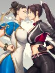  2girls akiman_pose black_gloves black_pants blue_leggings bracelet breast_press breasts brown_eyes brown_hair china_dress chinese_clothes chun-li cleavage cropped_jacket double_bun dress earrings face-to-face fatal_fury fatal_fury:_city_of_the_wolves gloves gold_trim hair_bun hair_ribbon hichi highres jewelry large_breasts leggings long_hair makeup midriff multiple_girls navel pants ponytail ribbon shiranui_mai side_slit street_fighter street_fighter_6 symmetrical_docking yellow_ribbon 