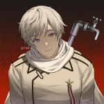  1boy 516iyn absurdres artist_name axis_powers_hetalia black_background closed_mouth coat collared_coat commentary_request gradient_background grey_hair hair_between_eyes highres lead_pipe long_sleeves looking_at_viewer male_focus medal purple_eyes red_background russia_(hetalia) scarf short_hair smile solo star_ornament striped_background upper_body white_coat white_scarf 