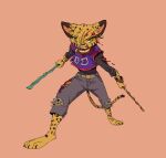3_toes action_pose anthro arnis belt blood blood_on_clothing blood_on_face bodily_fluids bottomwear bracelet clothing collar denim denim_bottomwear denim_clothing digital_drawing_(artwork) digital_media_(artwork) ear_piercing ear_ring feet felid feline female fur green_eyes head_tuft holding_object holding_weapon jeans jersey jewelry long_sleeves mammal markings pants pepper_(ruffu) piercing pointy_ears pose pupils ring_piercing ruffu shirt simple_background slit_pupils solo spots spotted_body spotted_fur striped_markings stripes toes topwear torn_bottomwear torn_clothing torn_jeans torn_pants tuft weapon yellow_body yellow_fur