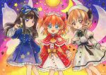  3girls alternate_costume arm_bow artist_name ascot black_bow black_bowtie black_nails black_ribbon blonde_hair blue_bow blue_dress blush bow bowtie brown_hair capelet closed_mouth commentary crescent_moon dated dress drill_hair fairy fairy_wings frilled_capelet frilled_dress frilled_sleeves frills hair_bow hat headdress long_hair long_sleeves looking_at_viewer luna_child maa_(forsythia1729) moon moon_print multiple_girls neck_ribbon open_mouth orange_hair pointy_ears print_dress purple_eyes red_capelet red_dress red_eyes ribbon smile star_(symbol) star_print star_sapphire sun sun_print sunny_milk touhou traditional_media twitter_username white_dress white_hat wings yellow_ascot 