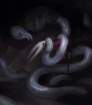  arthropod_girl black_eyes black_skin cloak colored_skin constriction dark greyroot_(hollow_knight) highres hollow_eyes hollow_knight hollow_knight:_silksong horned_mask hornet_(hollow_knight) lucy_(somewhat_irked) mask red_cloak white_mask 