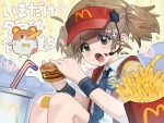  ! 1girl animal badge bandaid bandaid_on_knee bandaid_on_leg brown_hair burger button_badge collared_shirt commentary_request cup disposable_cup drinking_straw food food_on_face french_fries grey_eyes hamster headset highres holding holding_burger holding_food imadake_dabuchi_tabemi knees_up looking_at_viewer mcdonald&#039;s necktie nekomiya_iyo open_mouth shirt shorts solo twintails visor_cap wristband 