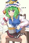  absurdres black_skirt blue_eyes blue_hat blue_vest blush chair commentary_request epaulettes frilled_hat frills green_hair hat highres hotpot indoors juliet_sleeves long_sleeves looking_at_viewer open_mouth puffy_sleeves ribbon-trimmed_skirt ribbon_trim schinfaxi1996 shiki_eiki short_hair sitting skirt sweatdrop touhou vest 