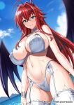 1girl ahoge bare_shoulders bikini blue_eyes blue_sky blush bracelet breasts day demon_girl demon_horns demon_wings detached_collar dutch_angle garter_straps hair_intakes hellandheaven high_school_dxd highres horns huge_breasts jewelry long_hair looking_at_viewer navel outdoors parted_lips patreon_username red_hair rias_gremory sky smile solo strapless strapless_bikini swimsuit thighhighs very_long_hair wet white_bikini white_thighhighs wings 