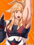  1boy :d arched_bangs arm_up armpits black_gloves black_shirt blonde_hair chronoroku collarbone colored_eyelashes commentary_request emphasis_lines fingerless_gloves gloves hand_up highres ivor_(pokemon) long_hair male_focus mole mole_under_mouth muscular muscular_male open_mouth orange_background pectorals pokemon pokemon_legends:_z-a shirt skin_tight smile solo teeth tongue twitter_username upper_body upper_teeth_only 