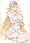  1girl absurdres arm_under_breasts bandaged_fingers bandages barefoot blonde_hair border breasts chest_jewel cleavage closed_mouth commentary_request core_crystal_(xenoblade) earrings gem green_gemstone halloween halloween_bucket halloween_costume highres jewelry large_breasts long_hair looking_at_viewer mummy_costume mythra_(xenoblade) naked_bandage navel outside_border pillarboxed seiza sitting solo stitched_arm stitched_face stitched_leg stitches tiara very_long_hair white_background xenoblade_chronicles_(series) xenoblade_chronicles_2 yellow_border yellow_eyes yotsuha_uni 