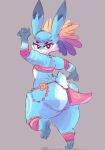  anthro big_butt blue_body blue_fur butt female fur hi_res huge_butt kiseff lagomorph leporid looking_at_viewer looking_back looking_back_at_viewer mammal rabbit simple_background solo thick_thighs 