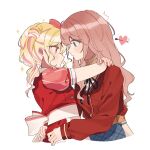  2girls arms_around_neck arrow_through_heart blonde_hair blue_eyes blush brown_hair closed_mouth commentary dress eye_contact hand_on_another&#039;s_waist hashtag-only_commentary highres looking_at_another mochizuki_honami multiple_girls parted_lips pink_streaks project_sekai red_dress red_eyes simple_background tenma_saki the_coconutnut twintails white_background yuri 