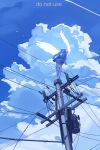  1girl absurdres blue_hair blue_theme braid cloud cloudy_sky commission day dress feathered_wings from_below full_body highres leaning_back looking_at_viewer ma_someru mini_person minigirl on_top_of_pole original outdoors power_lines red_eyes simple_bird sky solo standing standing_on_one_leg thighhighs twin_braids utility_pole white_thighhighs white_wings wings 
