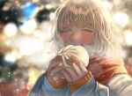  1girl alt_text alternate_costume blonde_hair blurry blush bokeh closed_eyes colored_eyelashes commentary_request contemporary depth_of_field dungeon_meshi eating falin_touden falin_touden_(tallman) food hands_up highres holding holding_food jacket long_sleeves orange_scarf sasakura34 scarf short_hair sleeves_past_wrists snowing solo steamed_bun sweater upper_body white_jacket winter_clothes yellow_sweater 