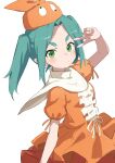  1girl :| absurdres aqua_hair bakemonogatari closed_mouth dress expressionless frills gazacy_(dai) googly_eyes green_eyes hat highres looking_at_viewer monogatari_(series) ononoki_yotsugi orange_dress orange_hat puffy_short_sleeves puffy_sleeves short_sleeves simple_background solo thick_eyebrows twintails v v_over_eye white_background 