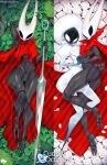 anthro arthropod arthropod_abdomen big_butt blue_eyes bodysuit breasts butt cloak cloak_only clothing clover_(plant) clover_leaf dakimakura dakimakura_design duo empty_eyes featureless_feet feet female flower grey_body hand_holding hi_res holding_object holding_weapon hollow_knight_(franchise) hornet_(hollow_knight) insect krokobyaka lace_(hollow_knight:_silksong) leaf looking_at_viewer lying navel nipple_outline on_back plant red_cloak red_clothing rose_(flower) skinsuit small_breasts team_cherry thick_thighs tight_clothing weapon white_body white_bodysuit white_clothing white_eyes white_rose white_skinsuit wide_hips