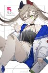  1girl alternate_costume anniversary bandaid bandaid_on_knee bandaid_on_leg bare_shoulders brown_hair camisole candy commentary_request de_lisle_(girls_frontline) earbuds earphones food girls_frontline green_eyes hair_ornament halterneck highres jacket lollipop long_hair messy_hair mole mole_under_eye mouth_hold multicolored_hair nintendo_switch off_shoulder one_eye_closed safety_pin scar_on_leg shorts solo stitched_leg stitches twintails two-tone_hair unagi_(nakaelric) white_hair 