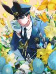  1boy absurdres aiguillette animal_ears black_hair blue_eyes bug butterfly easter easter_egg egg fake_animal_ears flower gloves hat highres jacket male_focus medal military_jacket military_uniform mori_hisato original peaked_cap shirt short_hair white_flower white_gloves white_shirt yellow_butterfly yellow_flower 