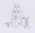  absurd_res ambiguous_gender animal_crossing anthro beverage canid canine canis clothing domestic_dog drinking hi_res holding_object isabelle_(animal_crossing) mammal monochrome nintendo ram_satinga shih_tzu simple_background sitting sketch solo toy_dog traditional_media_(artwork) video_games 