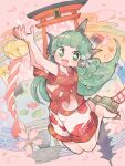  1girl animal_ears architecture bell bridge cherry_blossom_print cherry_blossoms commentary_request curly_hair east_asian_architecture egasumi floral_print flower full_body geta green_eyes green_hair hands_up highres horns itomugi-kun jingle_bell kariyushi_shirt komano_aunn lily_pad long_hair looking_at_viewer lotus open_mouth petals pink_background red_shirt ripples rope shimenawa shirt short_sleeves shorts shrine_bell single_horn smile solo torii touhou tower water white_shorts 