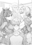  ! 2boys 2girls absurdres alternate_breast_size_(larger) archer_(fate) artoria_pendragon_(fate) breast_envy breasts commentary emiya_shirou english_commentary eye_contact fate/stay_night fate_(series) fkscrashing girl_sandwich greyscale hair_bun highres large_breasts looking_at_another medium_breasts monochrome multiple_boys multiple_girls open_clothes pleated_skirt revision saber_(fate) sandwiched skirt tohsaka_rin twintails 