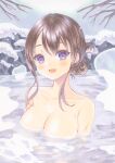 1girl absurdres armpit_crease black_hair breasts cleavage collarbone commentary_request day folded_ponytail highres large_breasts long_sidelocks looking_at_viewer marker_(medium) nude onsen open_mouth original osumi_izumi outdoors parted_bangs partially_submerged purple_eyes sidelocks smile snow solo traditional_media upper_body water water_drop wet winter 