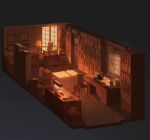  bookshelf box bulletin_board cardboard_box commentary_request desk door glowing indoors isometric jacket lamp ma_someru mat no_humans orange_light original photo_(object) russian_commentary scenery study_(room) sunset variant_set warm_colored window_blinds window_light wooden_floor 