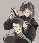 2boys absurdres armor black_eyes black_hair black_robe broken_skin choso_giving_toudou_a_haircut_(meme) commentary cutting_hair english_commentary fade_(haircut) flattop hair_clipper hands_up high_ponytail highres logicsterrr male_focus mask meme mordret_(shadow_slave) multiple_boys ponytail robe serious shadow_slave shoulder_armor sunny_(shadow_slave) upper_body 