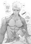  1boy 1girl abs absurdres after_sex archer_(fate) blush dark-skinned_male dark_skin fate/stay_night fate_(series) fkscrashing highres long_hair muscular muscular_male nipples no_shirt on_bed short_hair sitting solo_focus speech_bubble tohsaka_rin 