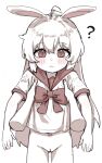  1girl ? ahoge animal_ears armpit_carry bad_id bad_pixiv_id blush bottomless bow bowtie disembodied_hand highres kosobin lifting_person long_hair original pov pussy rabbit_girl sailor_collar school_uniform serafuku sidelocks white_background 