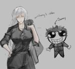  1girl absurdres aegyo_sal arrow_(symbol) black_jacket black_shirt blue_eyes borrowed_clothes chibi chibi_inset collared_shirt contrapposto cowboy_shot english_text expressionless hand_on_own_hip head_tilt highres holding holding_jacket holding_unworn_clothes jacket jacket_over_shoulder logicsterrr long_hair looking_at_viewer nephis_(shadow_slave) shadow_slave shirt sleeves_rolled_up sunny_(shadow_slave) tight_clothes tight_shirt unworn_jacket white_hair 