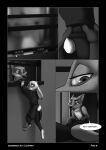  2021 ambiguous_gender anthro arm_tuft barefoot biped black_border border canid canine chest_tuft clothed clothing comic disney duo elbow_tufts english_text feet female fox foxxj furgonomics gloves_(marking) greyscale hi_res inside judy_hopps lagomorph leporid male mammal markings monochrome nick_wilde rabbit scut_tail tail_clothing text topless tuft window zootopia 