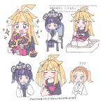  1boy 2girls ? ?? alternate_hairstyle black_hair black_shoes blonde_hair blue_eyes blunt_bangs blush_stickers bob_cut brother_and_sister chair closed_eyes closed_mouth coat commentary_request crossed_arms dougi eyelashes falinks gradient_hair gwynn_(pokemon) hairband hat highres holding holding_pokemon ivor_(pokemon) josee_(pokemon) long_hair long_sleeves looking_at_another mole mole_under_mouth multicolored_hair multiple_girls multiple_views on_chair open_clothes open_coat open_mouth pokemon pokemon_(creature) pokemon_legends:_z-a purple_eyes purple_hair remoooon seiza shoes short_hair siblings sitting translation_request twintails white_coat 