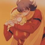  1girl blonde_hair blue_eyes blush brown_eyes brown_hair coat couple cyborg cyborg_009 francoise_arnoul hair_over_one_eye hairband hands_on_another&#039;s_shoulders hug hug_from_behind long_hair one_eye_closed red_coat red_hairband sariokisu scarf shimamura_joe yellow_scarf 