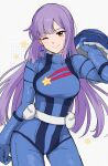  1girl aeug belt blue_bodysuit bodysuit breasts commentary_request gundam gundam_zz helmet highres holding holding_unworn_helmet long_hair mecha_pilot_suit ogura_(onigiritakusan) one_eye_closed print_bodysuit purple_hair roux_louka smile solo star_(symbol) star_print unworn_headwear unworn_helmet 