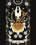  1boy 1girl absurdres antennae arthropod_girl artist_name black_eyes card_(medium) cloak english_text full_body highres hollow_eyes hollow_knight hollow_knight:_silksong horned_mask hornet_(hollow_knight) laserlazuli mask needle_(hollow_knight) pillarboxed silk solo spider_web spot_color tarot tarot_(medium) the_sun_(tarot) weapon weapon_on_back white_mask 