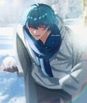  1boy blue_scarf brant_(wuthering_waves) earrings fingerless_gloves gloves hand_in_pocket highres holding holding_snowball hood hoodie jacket jewelry lower_teeth_only male_focus one_eye_closed open_mouth pink_eyes rainbow sae_naiyatsu scarf snow snowball teeth wuthering_waves 