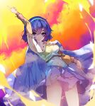  1girl blue_eyes blue_hair breasts cape chiroru_(cheese-roll) cloud dawn eyebrows_visible_through_hair hairband highres looking_at_viewer looking_down medium_breasts medium_hair multicolored multicolored_clothes pointing pointing_down pointing_up pouch red_button sky_print tenkyuu_chimata touhou unconnected_marketeers 