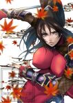  1girl autumn_leaves black_hair bodysuit breasts covered_nipples cowboy_shot high_ponytail holding holding_sword holding_weapon kuji-in large_breasts leaf ninja ponytail red_bodysuit rosie_rosie solo soulcalibur sword taki_(soulcalibur) watermark weapon 