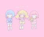  3girls blonde_hair blue_hair blush character_name chibi chibi_only closed_eyes commentary_request full_body gradient_hair grin hair_ornament hairclip highres holding holding_stuffed_toy hugging_object kiritani_haruka leg_warmers long_sleeves multicolored_hair multiple_girls ootori_emu open_mouth pajamas pillow pillow_hug pink_background pink_eyes pink_hair poppu_usagi project_sekai short_hair shorts smile socks stuffed_animal stuffed_penguin stuffed_rabbit stuffed_toy tenma_saki twintails 