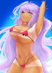  1girl absurdres ahoge bikini breasts cafflin cleavage crescent crescent_hair_ornament cross cross_pasties eepy_sleepy hair_ornament highres long_hair micro_bikini navel open_mouth pasties phase_connect pink_bikini purple_eyes purple_hair purple_nails second-party_source solo star_(symbol) star_hair_ornament swimsuit tan tanlines virtual_youtuber 