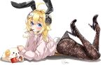  1girl absurdres ahoge alternate_costume animal_ears black_pantyhose black_shoes blonde_hair blush fake_animal_ears fake_tail fishnet_pantyhose fishnets food hair_ornament high_heels highres hololive horns inokeiwd lace_pantyhose_hooked_on_heel_(meme) looking_at_viewer meme mouth_hold pantyhose pocky purple_eyes rabbit_ears rabbit_tail sheep_ears sheep_girl sheep_horns shoes sweater tail tsunomaki_watame turtleneck turtleneck_sweater virtual_youtuber watamate white_background white_sweater x_hair_ornament 
