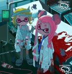  2girls animal_ears bandaged_foot bandaged_head bandaged_neck bandaged_torso bandages bed black_shirt blonde_hair blood blood_on_clothes blue_necktie braid closed_mouth coat commission demon_girl demon_horns demon_wings earrings eilaeila33 extra_ears flat_chest grey_horns grey_wings highres horns hospital hospital_bed inkling inkling_girl inkling_player_character intravenous_drip jewelry lab_coat long_hair long_sleeves looking_at_viewer mouse_(animal) mouse_ears multiple_girls necktie open_clothes open_coat pink_eyes pink_hair pointy_ears shirt short_hair single_braid sleeves_past_fingers sleeves_past_wrists slippers splatoon_(series) tentacle_hair white_coat white_slippers wings 