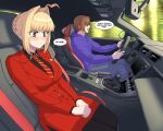  1boy 1girl ahoge black_shirt blonde_hair blue_pants breasts brown_hair car commission driving english_text fate/grand_order fate_(series) gear_shift green_eyes highres hood hoodie hyperbudd large_breasts motor_vehicle necktie nero_claudius_(fate) nero_claudius_(fate/extra) nervous original pants purple_hoodie red_pants red_shirt shirt speech_bubble steering_wheel suit toyota toyota_86 