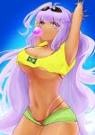  1girl absurdres bikini bikini_under_clothes blowing_bubble_gum blue_sky brazilian_flag brazilian_flag_print breasts cafflin chewing_gum cloud crescent crescent_hair_ornament cropped_shirt eepy_sleepy eyewear_on_head flag_print green_shorts hair_ornament highres long_hair navel phase_connect pink_bikini purple_eyes purple_hair purple_nails second-party_source shirt short_shorts shorts sky solo star_(symbol) star_hair_ornament sunglasses swimsuit tan tanlines virtual_youtuber yellow_shirt 