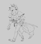 3_toes anthro bottomwear canid canine canis chest_tuft cigarette cigarette_in_mouth clothing coat digital_drawing_(artwork) digital_media_(artwork) feet fluffy footwear full-length_portrait hair hat_over_eyes holding_object holding_weapon katana long_tail male mammal melee_weapon object_in_mouth pants pawpads pointy_ears ponytail portrait ruffu shirt short_hair sketch snout solo sword tail toeless_footwear toes topwear tuft unnamed_character weapon wolf