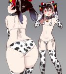 1girl animal_print ass bell bikini black_collar black_hair blush breasts collar commentary_request cow_print cow_print_bikini cow_print_gloves cow_print_thighhighs cowbell double_v elbow_gloves from_behind gloves grey_background hair_ribbon highres kurokawa_makoto looking_at_viewer looking_back love_live! love_live!_school_idol_project multiple_views navel neck_bell open_mouth print_bikini print_gloves print_thighhighs red_eyes red_ribbon ribbon short_hair simple_background small_breasts smile standing sweat swimsuit thighhighs twintails v white_bikini white_gloves white_thighhighs yazawa_nico 
