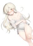  1girl absurdres bangs blush breasts cameltoe commentary dated_commentary highres long_hair naked_shirt nipple_slip nipples nose_blush off_shoulder original platinum_blonde_hair rubyaano_(ducl323) shirt simple_background small_breasts solo wavy_mouth white_background white_shirt yellow_eyes 